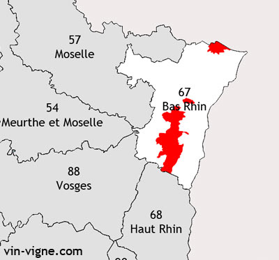 Localisation de la région viticole du Bas-rhin