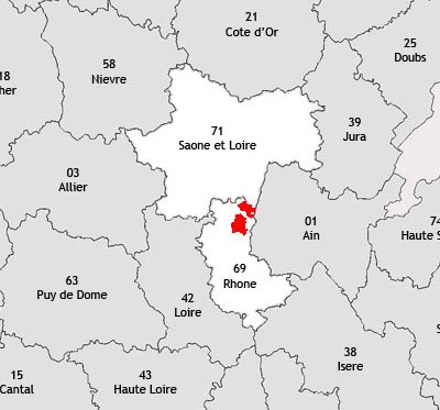 Localisation de la région viticole des Crus du beaujolais