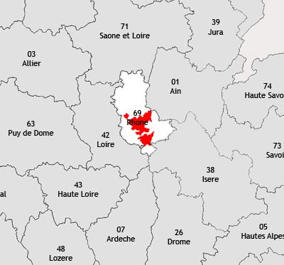 Localisation de la région viticole des Côteaux du lyonnais