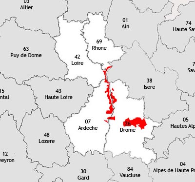 Localisation de la région viticole du Rhône-septentrional